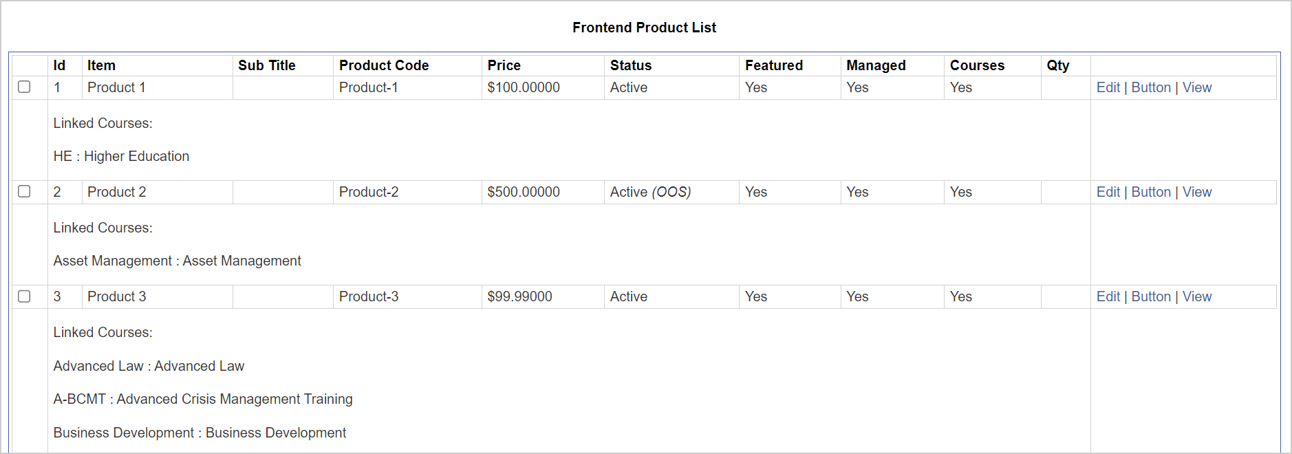 The Product List showing products with their linked courses