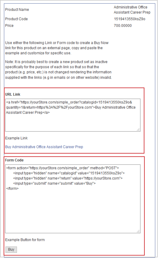 The URL Link and Form Code fields for a product