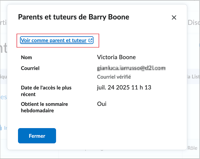 La fenêtre Parents et tuteurs de l’étudiant affiche les coordonnées des parents et le nouveau lien Voir comme parent et tuteur.