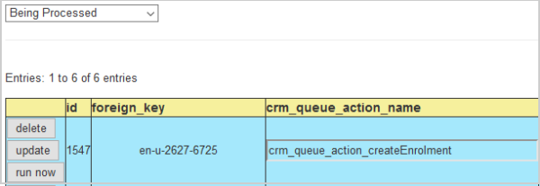 Un ejemplo de la cola de CRM con registros en proceso