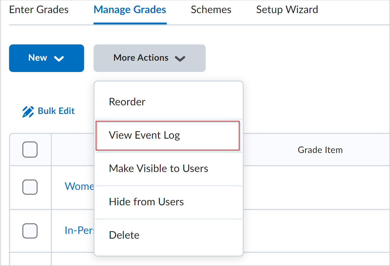 Le menu Plus d'actions présente l'option Journal des événements.