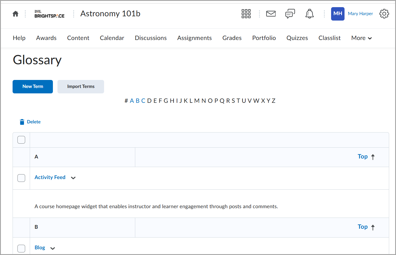 La page Glossaire présentant les boutons Nouveau terme et Importer des termes, un index alphabétique.
