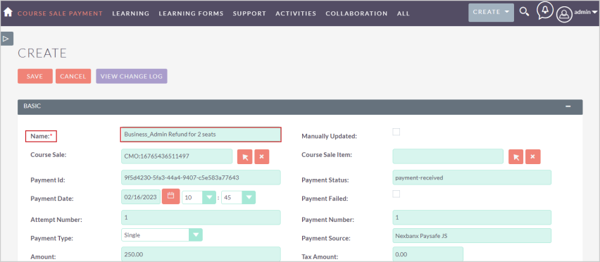 The Name field for a Course Sale Payment record