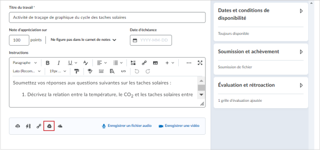 Page Nouveau travail avec l’icône Joindre à partir de Google Drive mise en surbrillance.