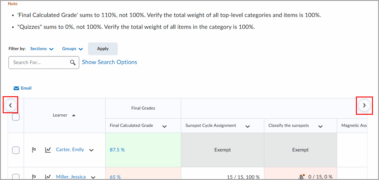 Grades tool showing the Enter Grades table with left and right arrow buttons highlighted for horizontal navigation across grade columns.