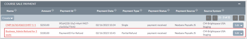 The Course Sale Payment heading with a course refund recorded