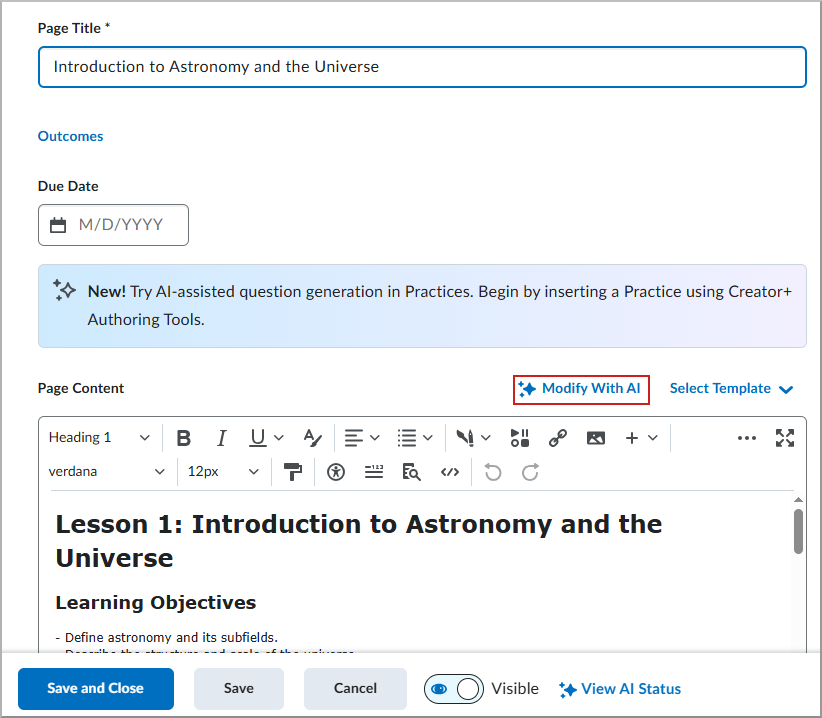 شاشة تحرير الصفحة تُظهر تمييز خيار التعديل باستخدام الذكاء الاصطناعي.