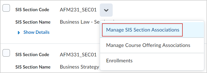 A opção Gerenciar associações da seção do Sistema de informações do aluno.