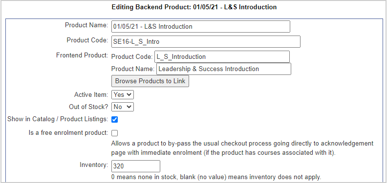 The fields for creating and editing a backend product in the Product Editor