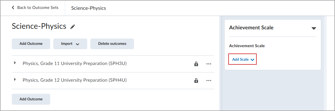 Outcome set page with Achievement Scale panel open and Add Scale option available