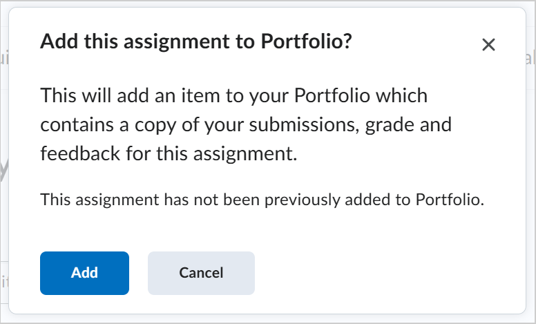Adicionar esta atividade ao Portfólio? caixa de diálogo mostrando o botão Adicionar