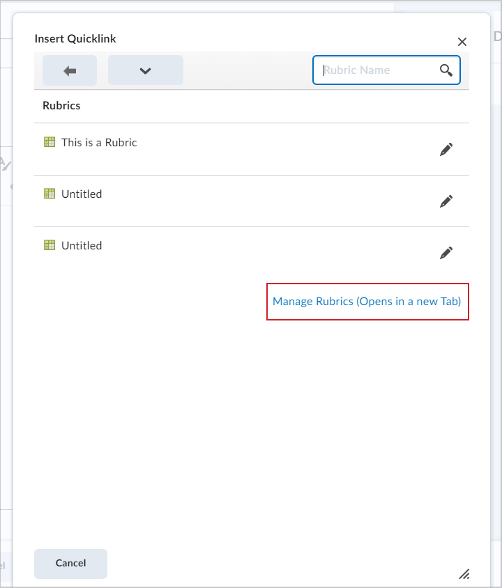 The Manage Rubrics option in the Insert Quicklink dialog.