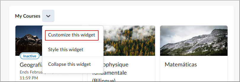 Widget Meu Curso com o menu Ação expandido e Personalizar este widget destacado.