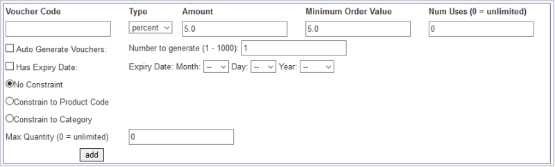 The input fields for creating a custom voucher, including fields like the Code, Type, Amount, and more