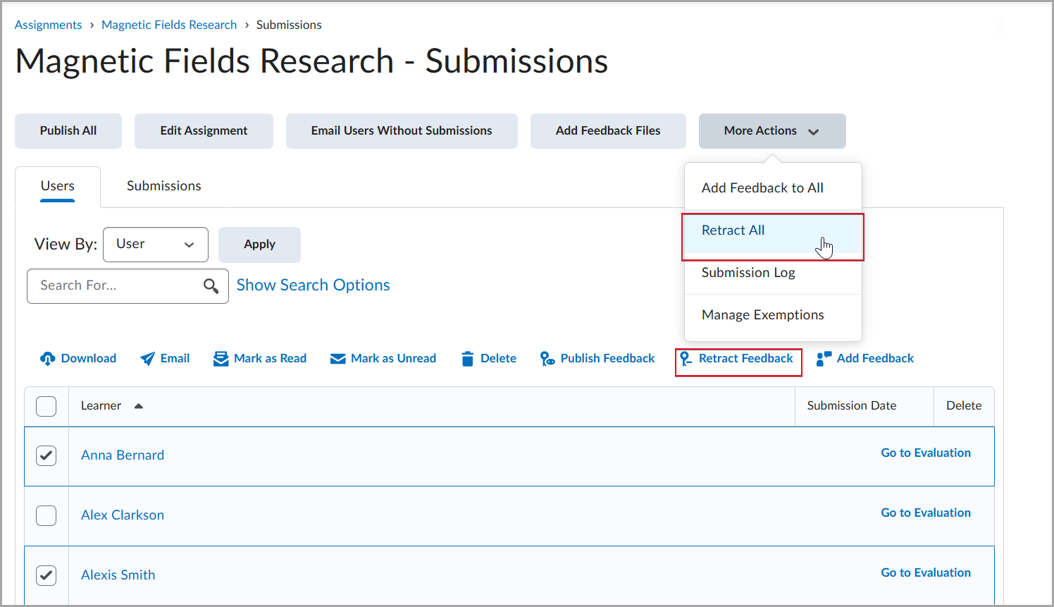 Retract All option selected from More Actions menu in Submissions list.