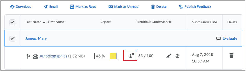 O indicador de feedback do instrutor mostra quais atividades têm feedback anexado usando o Turnitin.