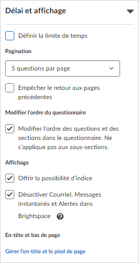 Paramètres d'affichage et de pagination pour un questionnaire