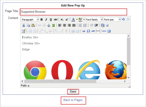 The Pop-up Page Editor showing the Page Title and Content fields. The Save button is at the bottom.