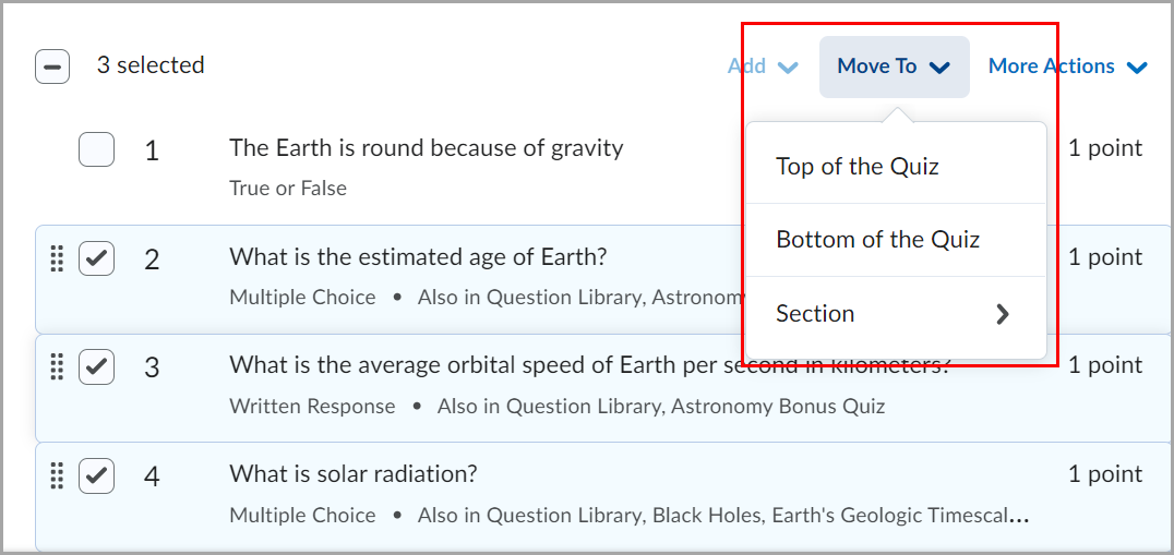 Selected quiz questions with a Move To dropdown menu showing options: Top of the Quiz, Bottom of the Quiz, and Section