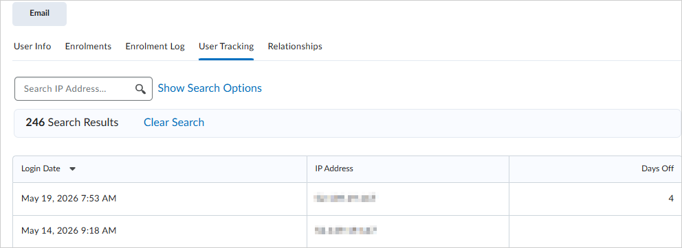 The User Tracking page for a specific user.