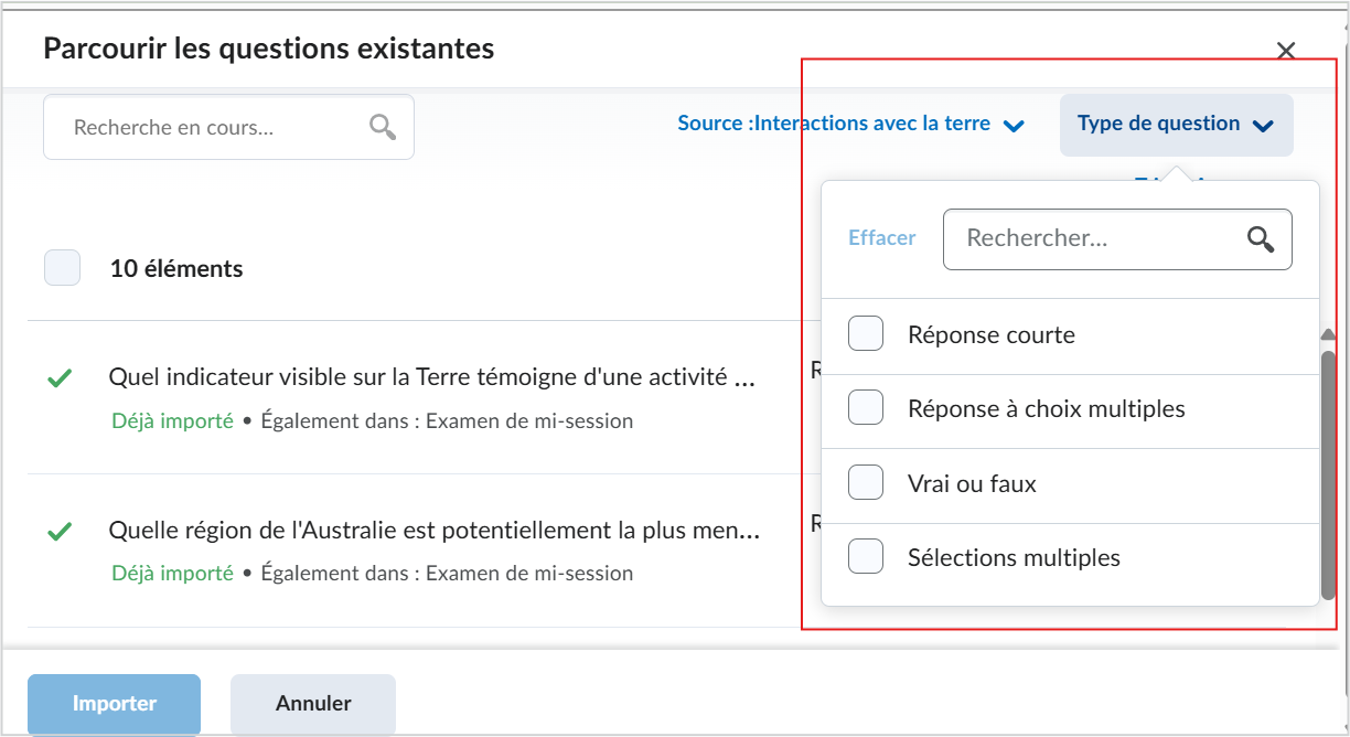 Le sélecteur de filtre mis à jour avec une barre de recherche mise en évidence dans Bibliothèque de questions.