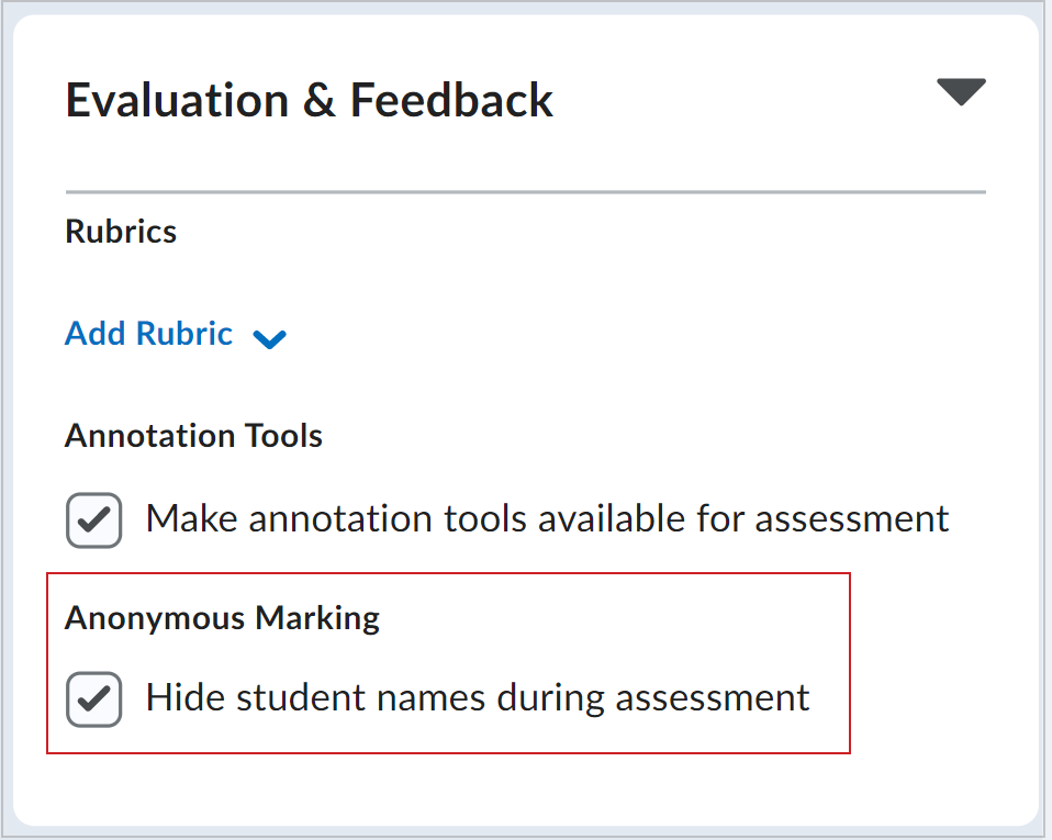 The Hide student names during assessment checkbox in the Evaluation & Feedback accordion.