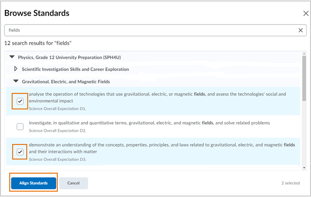 The Browse Standards page with the Align Standards option highlighted.