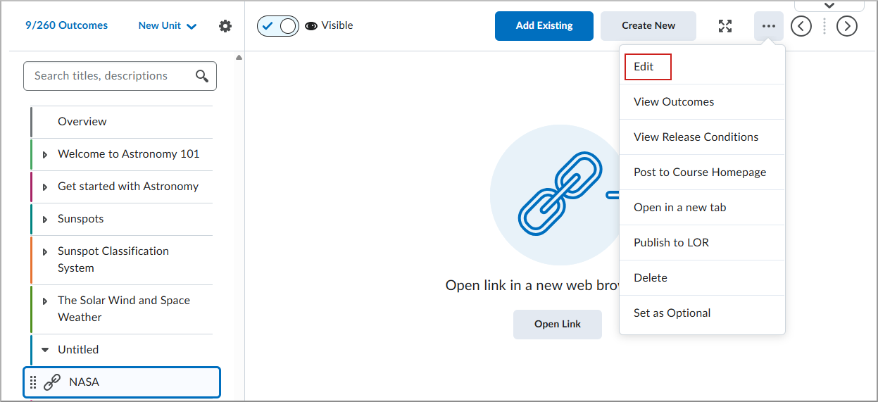 Het contextmenu van het onderwerp waarin Bewerken is gemarkeerd.