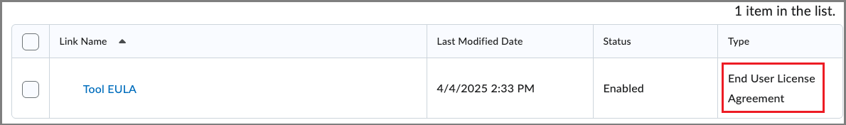An End User License Agreement link type appears in a links table, outlined in red for emphasis
