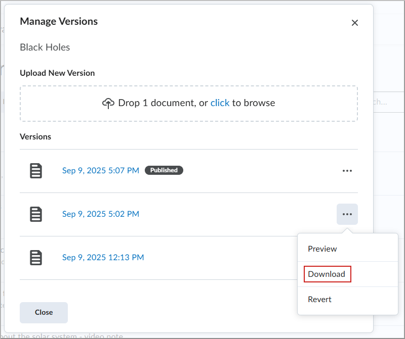 Manage Versions screen with Download highlighted.
