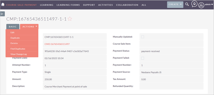 The Actions drop-down menu with the Duplicate option for a Course Sale Payment record