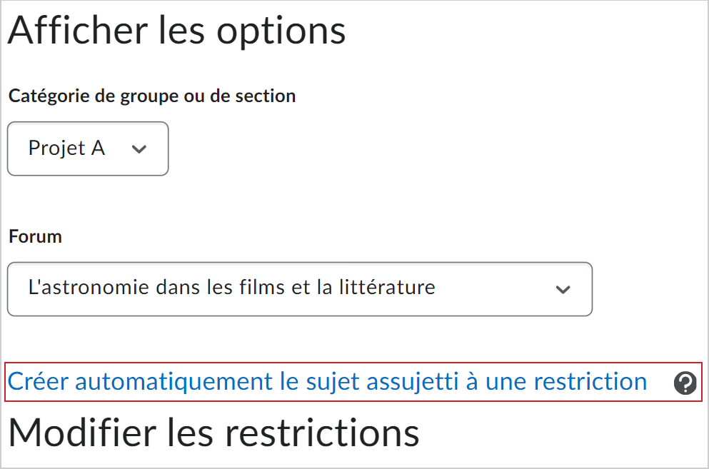 Le lien Créer automatiquement le sujet exclusif.