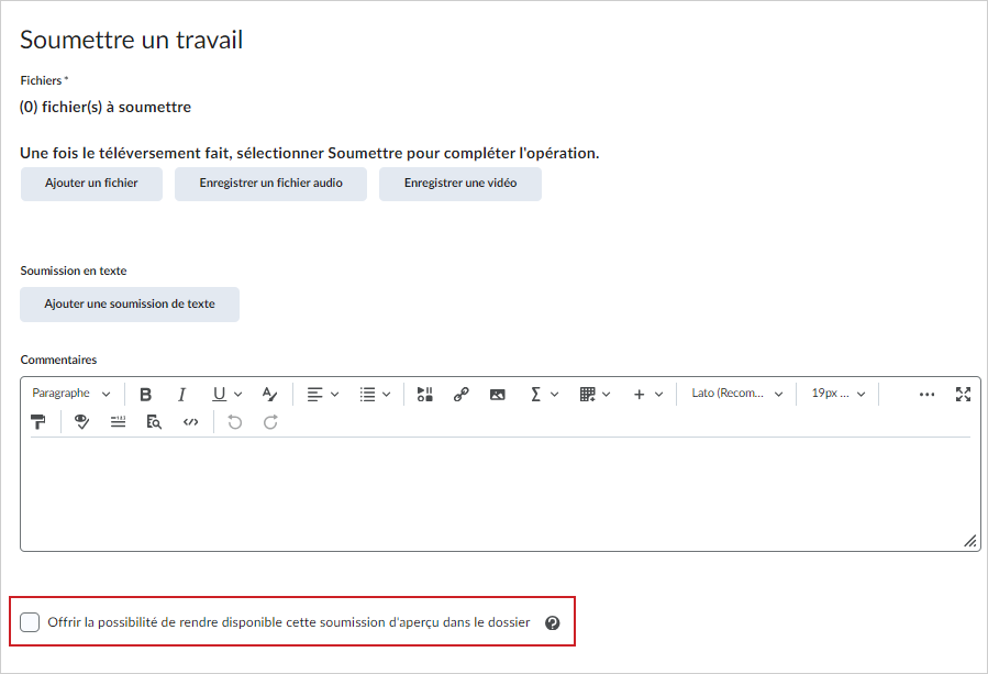 La page Soumettre un travail comportant les options d'ajout d'un fichier et la case à cocher de l'option Rendre disponible cet aperçu du travail dans le dossier.