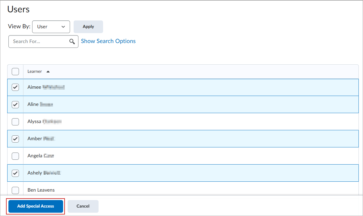 Three users are selected for special access. The Add Special Access button is visible