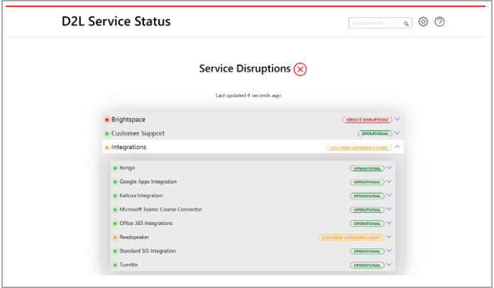 The Integrations service category is expanded to list the status for each constituent service