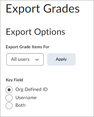 Export Options displaying Export Grade Items For and Key Field.