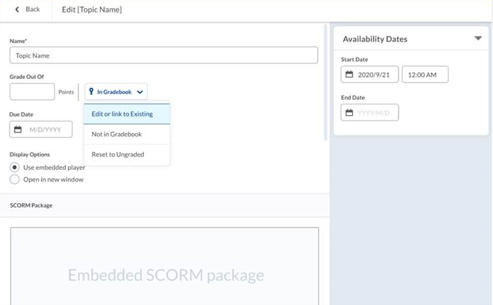 Página de edición de SCORM vista en la nueva experiencia de edición de contenidos