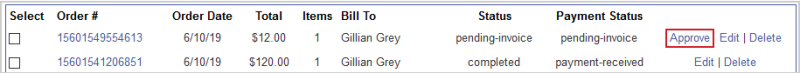 The Approve button for an invoice order