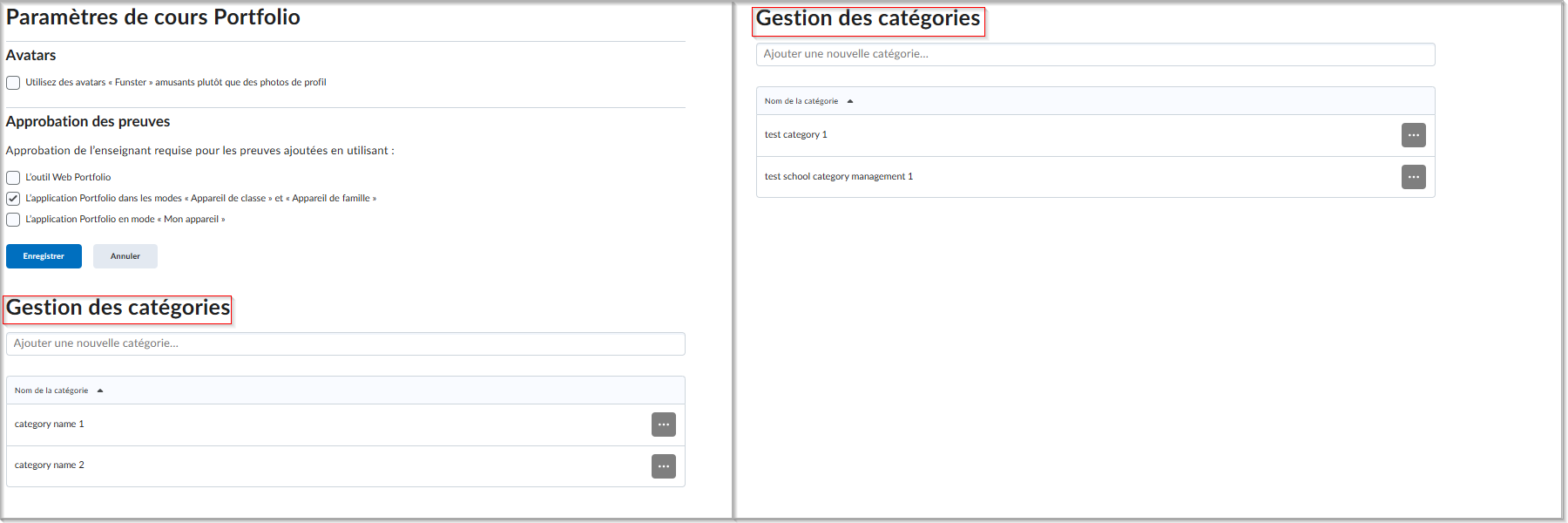 Vue côte à côte de l’ancienne interface utilisateur : (à gauche) l’option Réglages de la classe de l’outil Portfolio affichant « Gestion des catégories »; (à droite) l’option Outil d’administration affichant « Gestion des catégories ».
