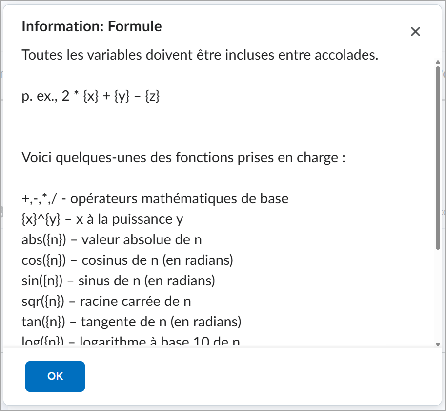 Boîte de dialogue d’aide sur les formules (fonctions prises en charge) redimensionnée pour s’adapter à l’écran