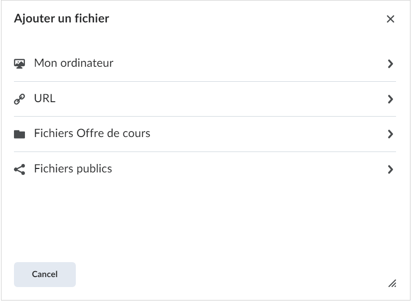 La boîte de dialogue Ajouter un fichier présente les options Mon poste de travail, Fichiers d’offre de cours et URL.