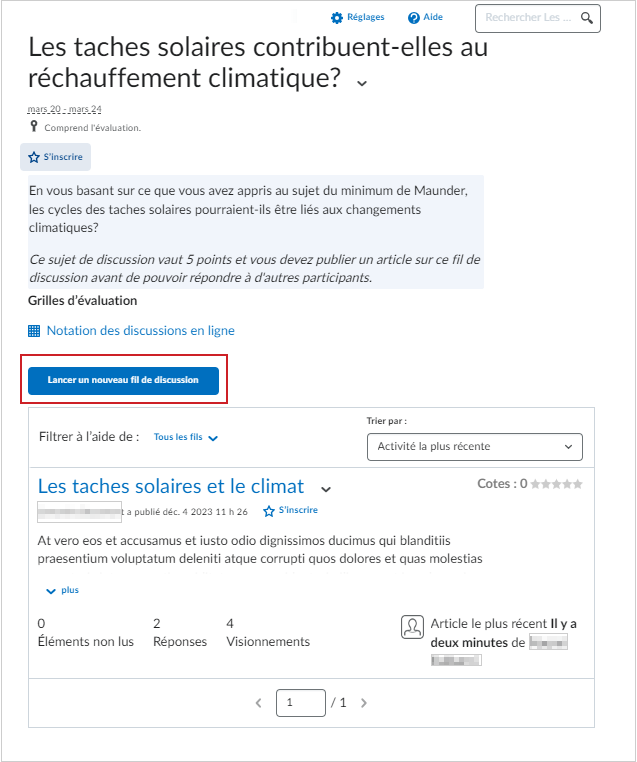 La page Afficher le sujet comprend le bouton Lancer un nouveau fil de discussion.