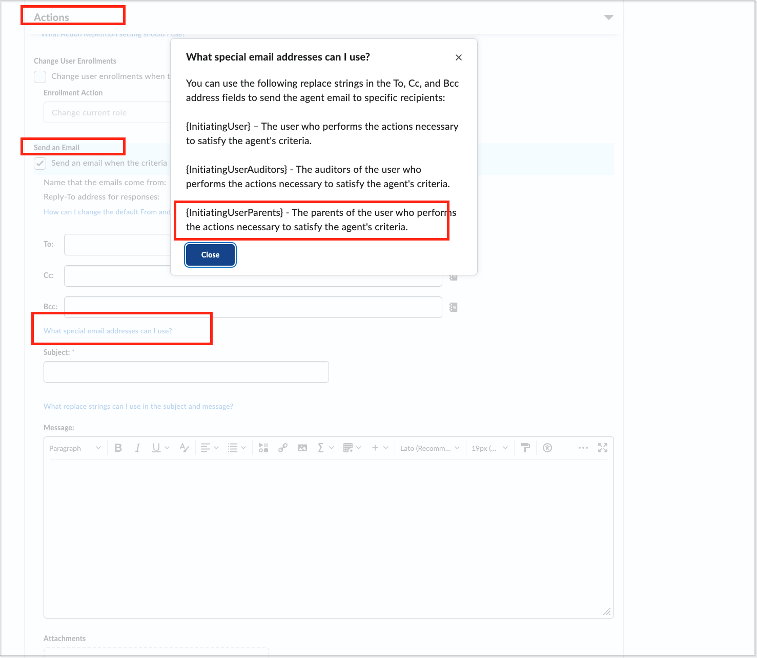 Popup showing {InitiatingUserParents} as a special email address for intelligent agents.