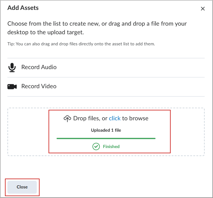 Add Assets screen with confirmation Uploaded 1 file finished highlighted.