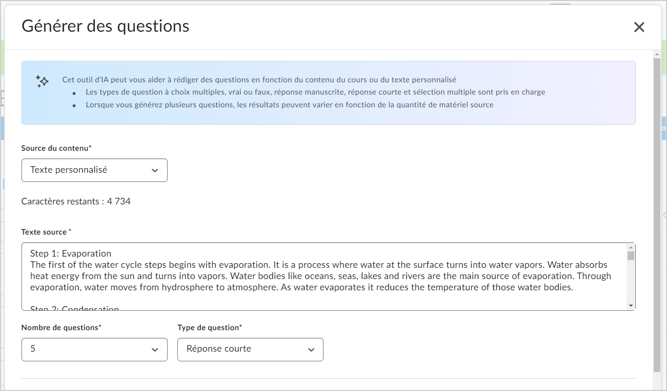 La boîte de dialogue Générer des questions, qui affiche les menus déroulants Source du contenu, Nombre de questions et Type de question, ainsi que le champ Texte source.