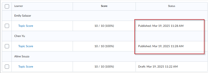 Assess Topic page in Brightspace showing feedback status as 'Published' for selected learners.