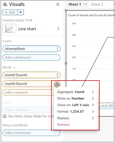 Dans le menu Plus d'actions pour cette valeur, vous pouvez continuer à configurer le type d'agrégation, la façon dont la valeur est affichée et le format. De plus, à partir de ce menu, vous pouvez remplacer ou supprimer la valeur.