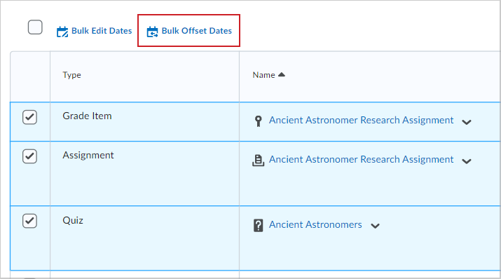 The Manage Dates page with the Bulk Offset Dates option.