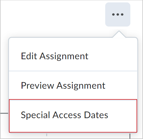 Menu suspenso Opções de avaliação mostrando a opção Datas de acesso especial.