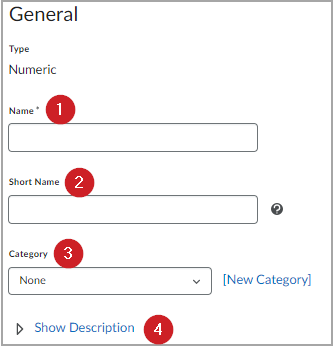 General grade item properties, including Name, Short Name, Category, and Description.